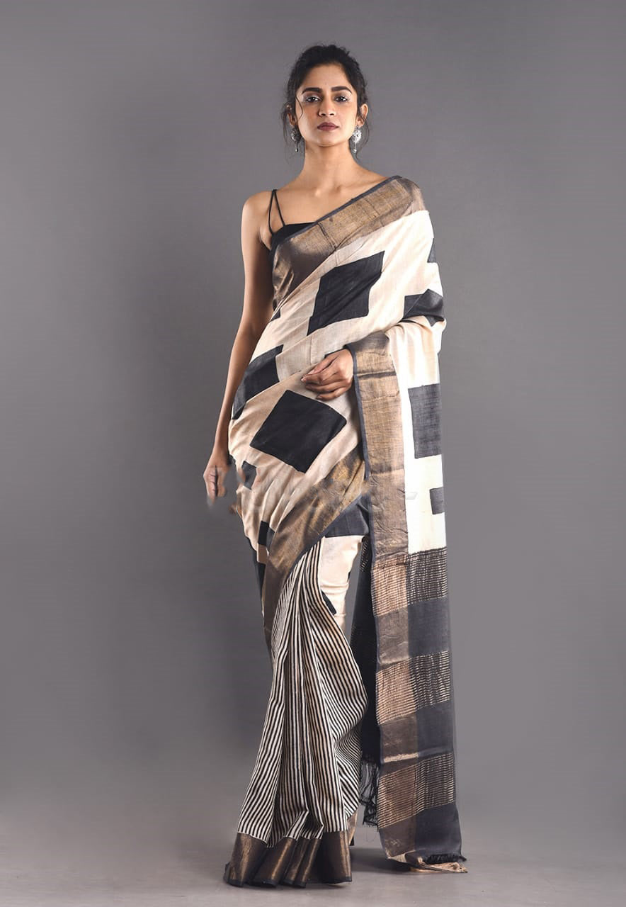 Beige Block Print Zari Border Pure Silk Mark Certified Tussar Silk Sarees - Dailybuyys
