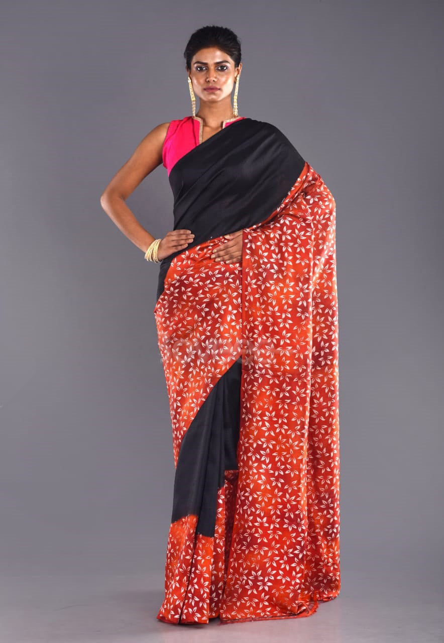 Black Block Printed Plain Pure Silk Mark Certified Tussar Silk Sarees - Dailybuyys