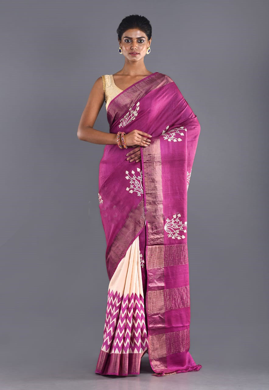 Rani Block Print Zari Border Pure Silk Mark Certified Tussar Silk Sarees - Dailybuyys