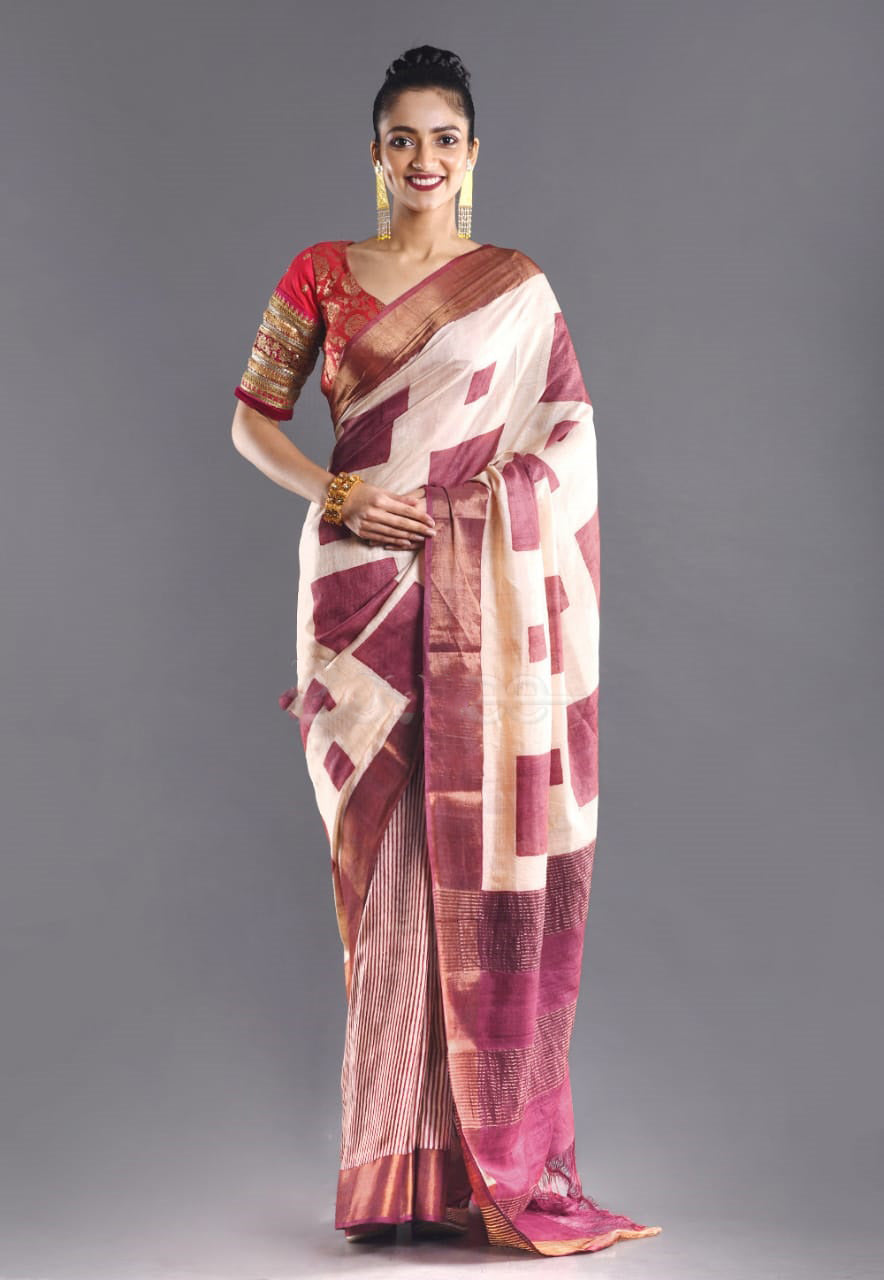 Beige Rani Block Print Zari Border Pure Silk Mark Certified Tussar Silk Sarees - Dailybuyys