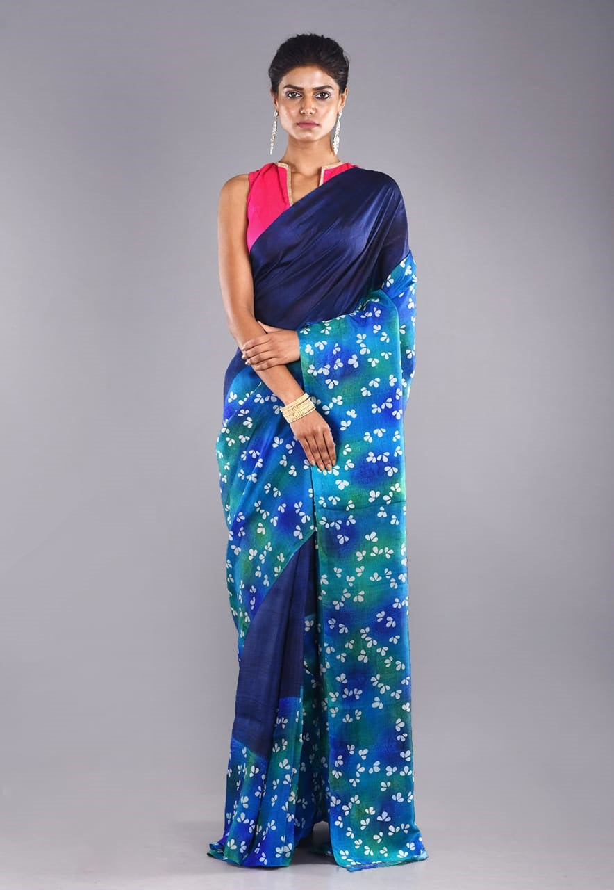 Blue Block Printed Plain Pure Silk Mark Certified Tussar Silk Sarees - Dailybuyys