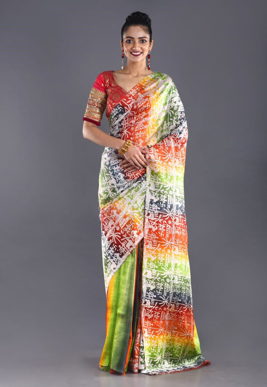 Multi Block Printed Plain Pure Silk Mark Certified Tussar Silk Sarees - Dailybuyys