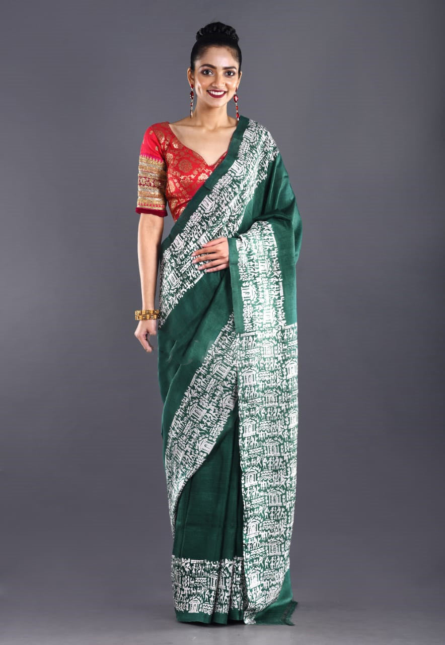 Green Block Printed Plain Pure Silk Mark Certified Tussar Silk Sarees - Dailybuyys