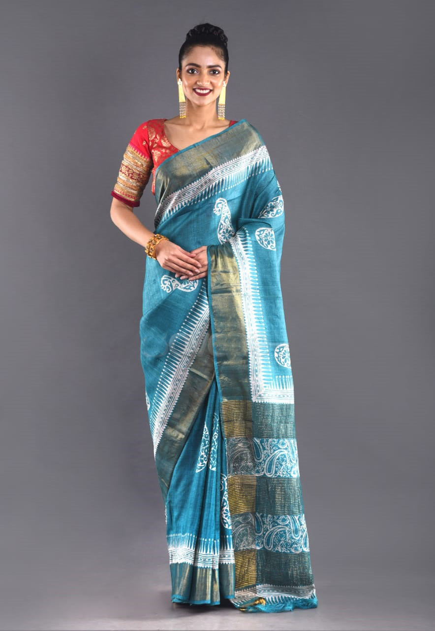 Blue Block Print Zari Border Pure Silk Mark Certified Tussar Silk Sarees - Dailybuyys