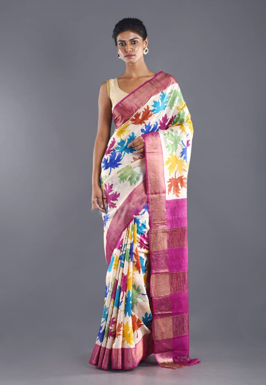 Beige Block Print Zari Border Pure Silk Mark Certified Tussar Silk Sarees - Dailybuyys