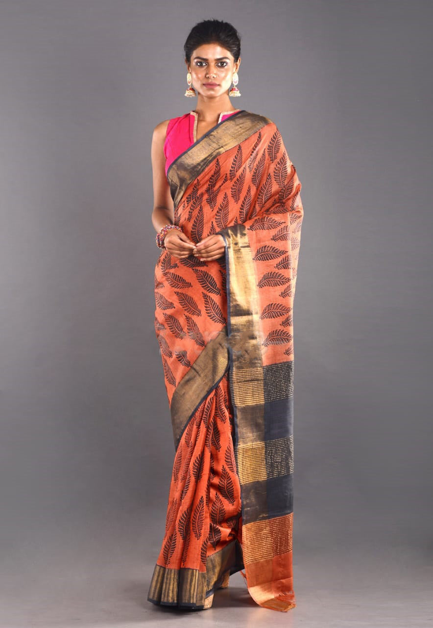 Orange Block Print Zari Border Pure Silk Mark Certified Tussar Silk Sarees - Dailybuyys