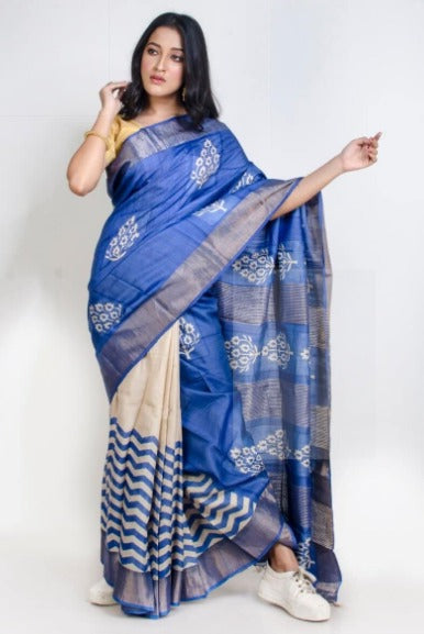 Blue Block Print Zari Border Pure Silk Mark Certified Tussar Silk Sarees - Dailybuyys