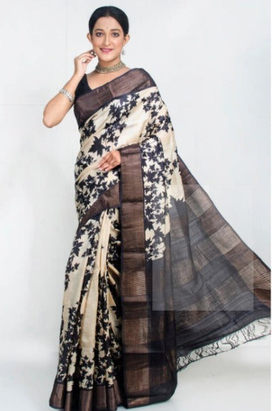 Black Block Print Zari Border Pure Silk Mark Certified Tussar Silk Sarees - Dailybuyys