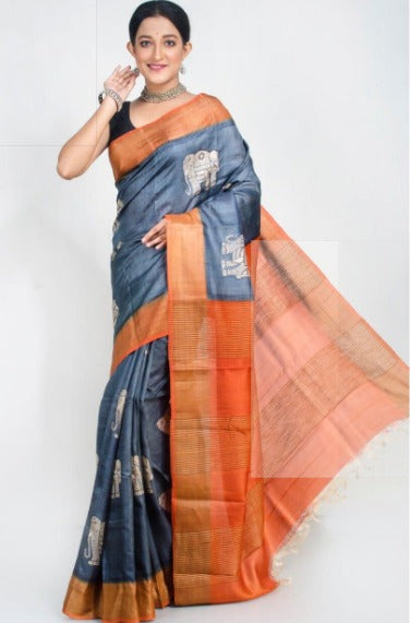 Grey Block Print Zari Border Pure Silk Mark Certified Tussar Silk Sarees - Dailybuyys
