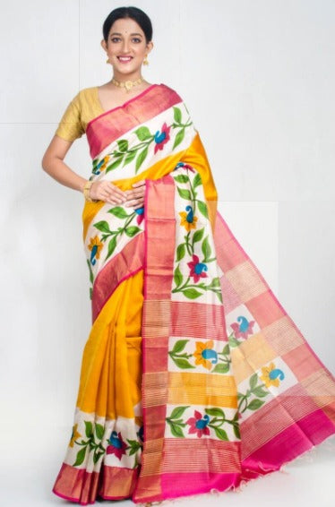 Yellow Beige Hand Painted Zari Border Pure Silk Mark Certified Tussar Silk Sarees - Dailybuyys