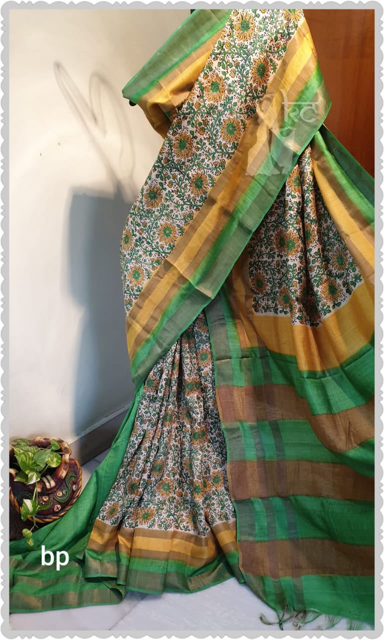 Green Yellow Block Print Zari Border Pure Silk Mark Certified Tussar Silk Sarees - Dailybuyys