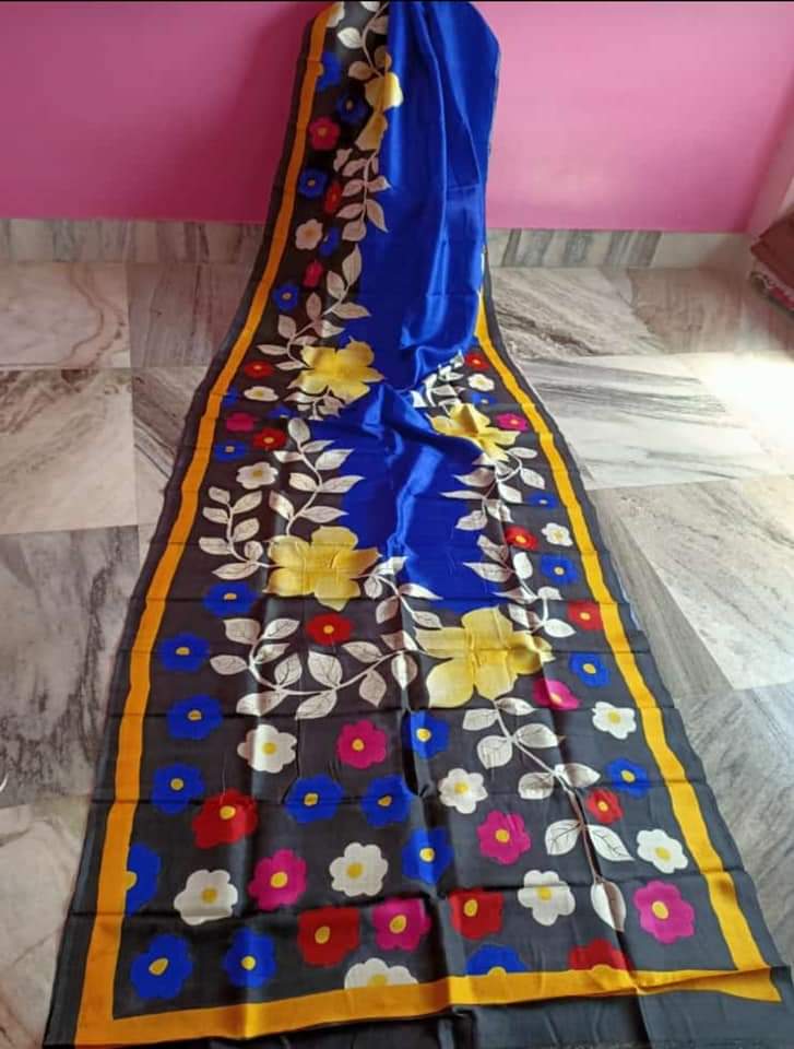 Blue Hand Painted Pure Silk Mark Certified Bishnupuri Silk Sarees - Dailybuyys
