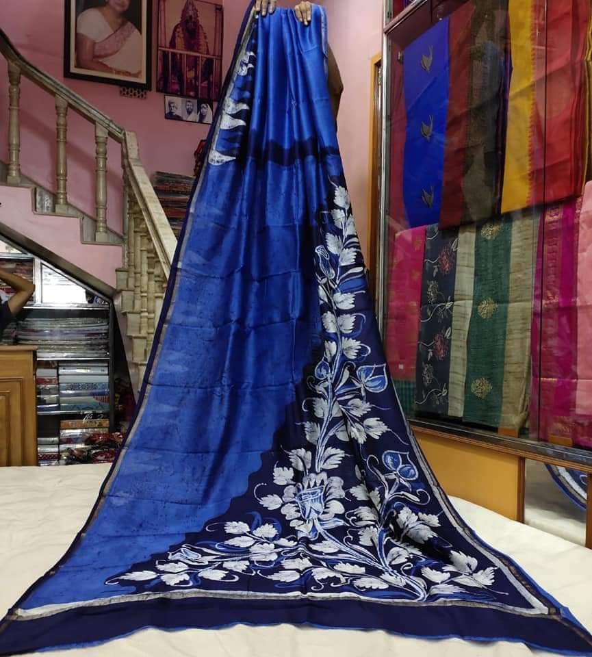 Blue Hand Painted Pure Silk Mark Certified Bishnupuri Silk Sarees - Dailybuyys