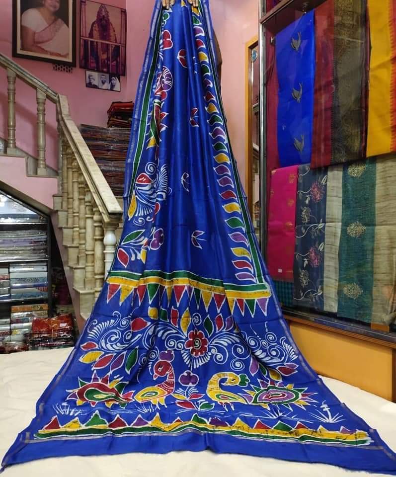 Blue Hand Painted Pure Silk Mark Certified Bishnupuri Silk Sarees - Dailybuyys