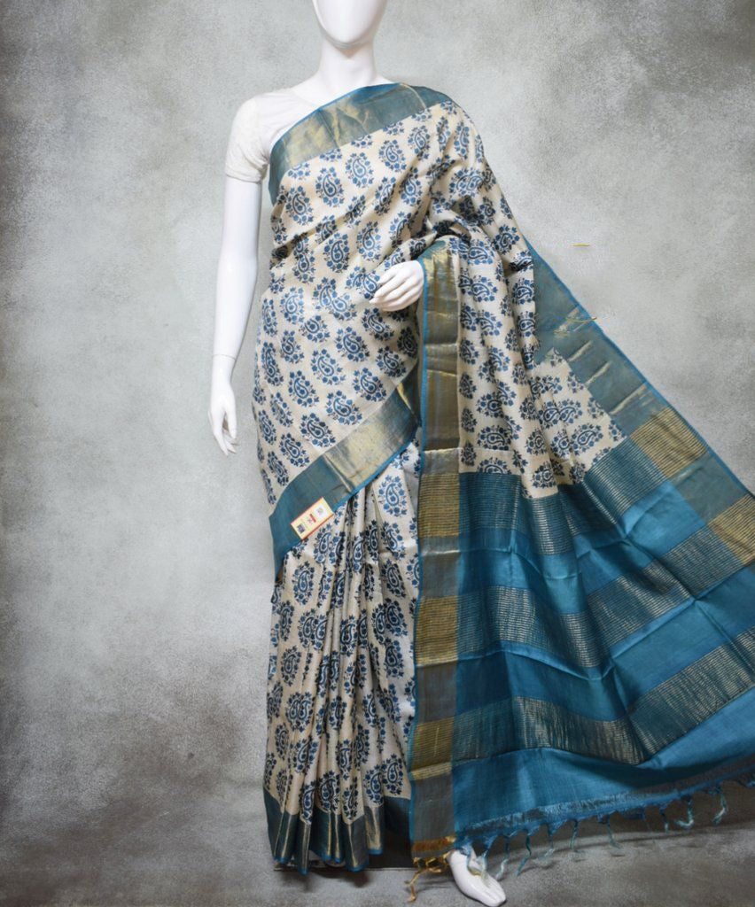 Grey Beautiful Block Print Zari Border Pure Silk Mark Certified Tussar Silk Sarees - Dailybuyys