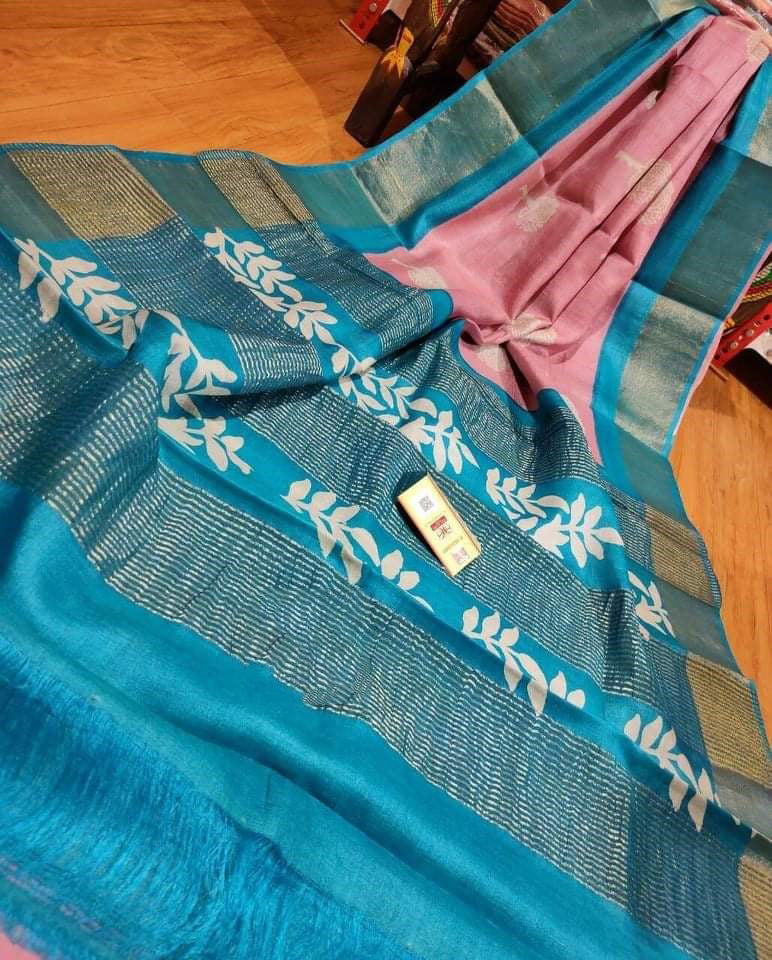 Blue Pink Zari Border Block Printed Pure Silk Mark Certified Tussar Silk Sarees - Dailybuyys
