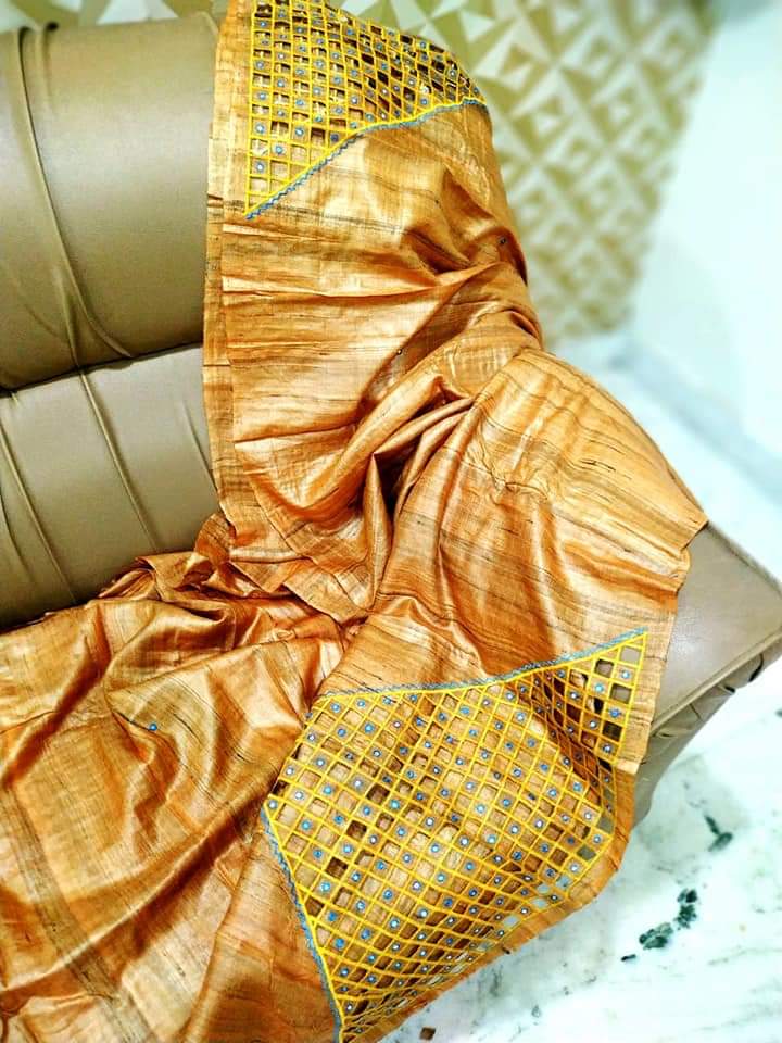 Yellow Cut Work Pure Silk Mark Certified Tussar Ghicha Silk Sarees - Dailybuyys