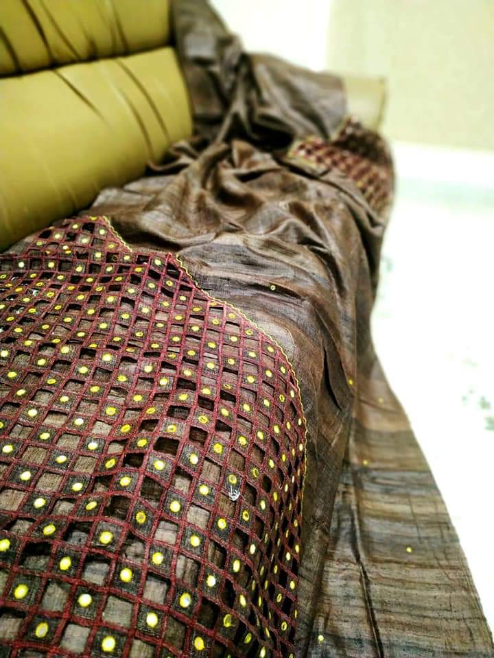 Brown Black Cut Work Pure Silk Mark Certified Tussar Ghicha Silk Sarees - Dailybuyys