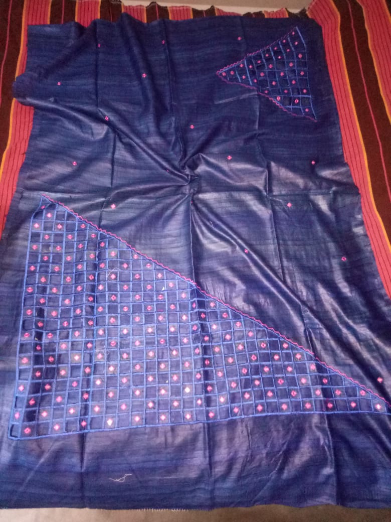 Blue Cut Work Pure Silk Mark Certified Tussar Ghicha Silk Sarees - Dailybuyys
