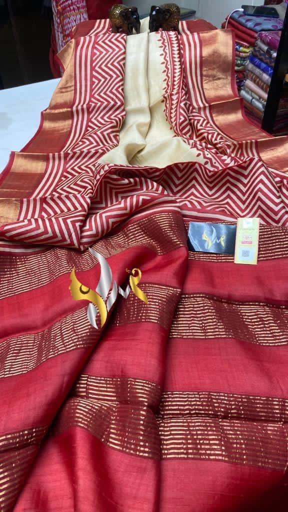 Red Block Print Zari Border Pure Silk Mark Certified Tussar Silk Sarees - Dailybuyys