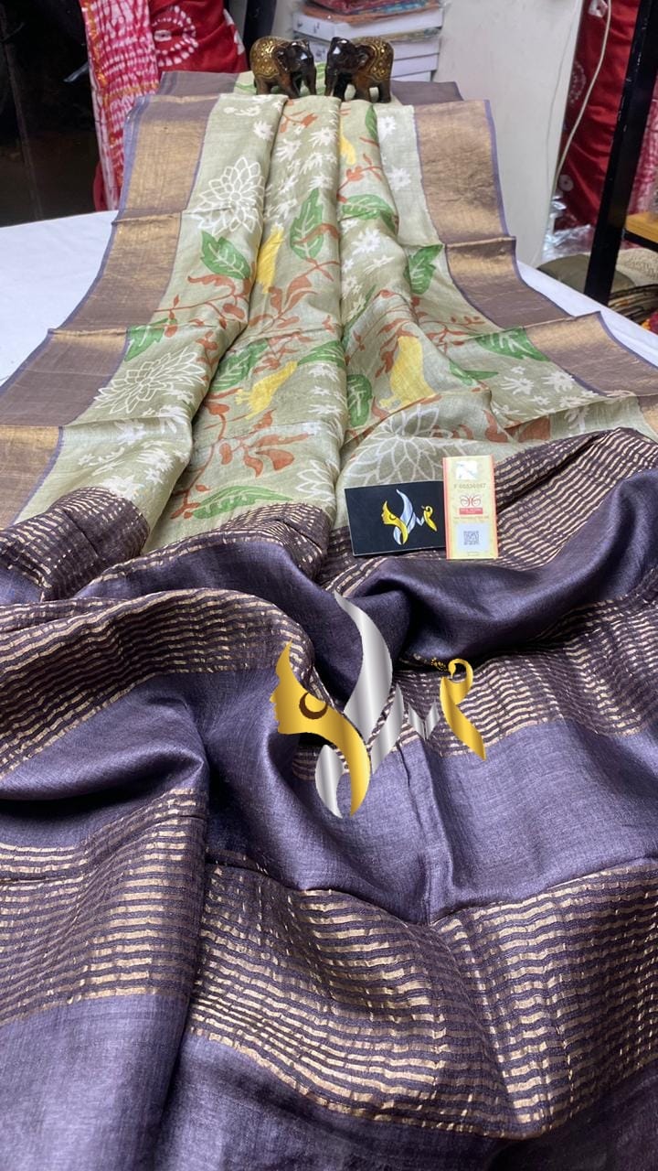 Beige Purple Hand Painted Zari KK Pure Silk Mark Certified Kalamkari Tussar Silk Sarees - Dailybuyys