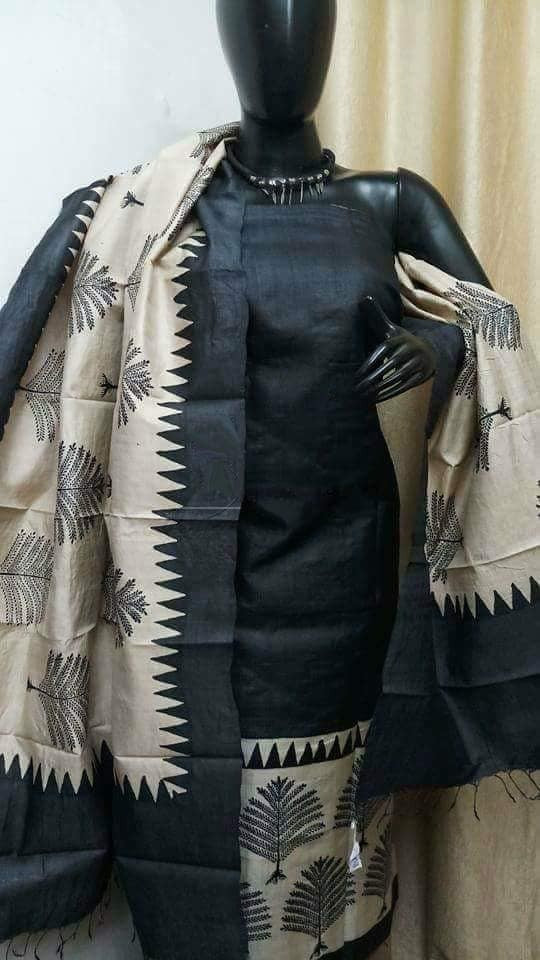 Black Block Printed Design Pure Silk Top & Dupatta - Dailybuyys