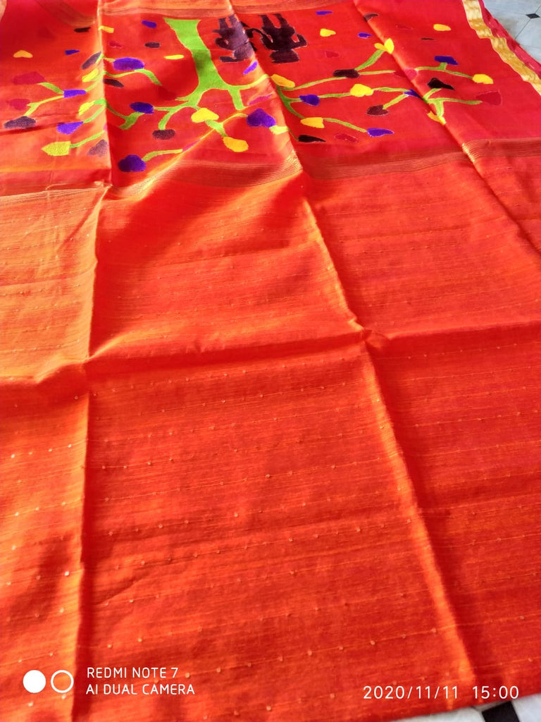 Viscous Khadi Orange Silk Sarees  with Silk Mark Certified Muslin Pallu
