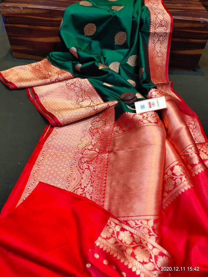 Green Red Katan Banarasi Silk Sarees - Dailybuyys