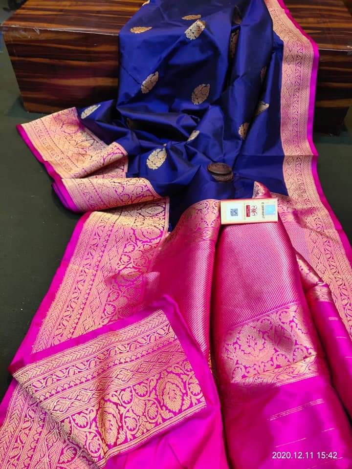 Blue & Pink Banarasi Katan Silk