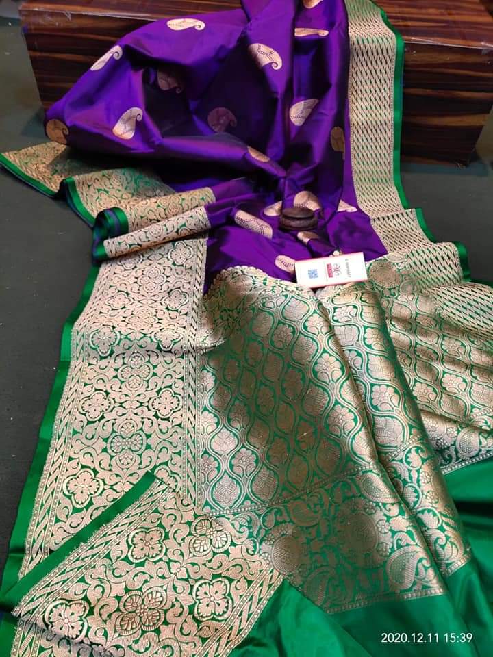 Purple & Green Katan Banarasi Silk Sarees - Dailybuyys