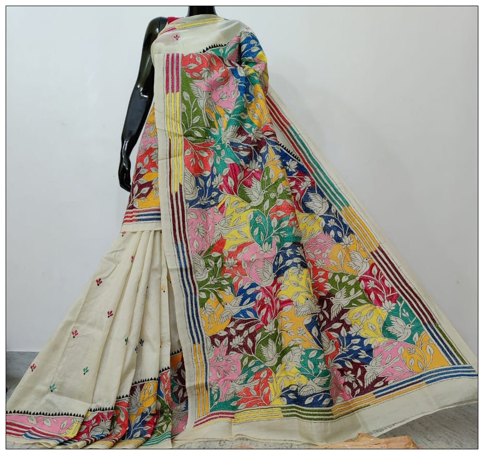 Cream Hand Embroidery Kantha Stitch Saree - Dailybuyys