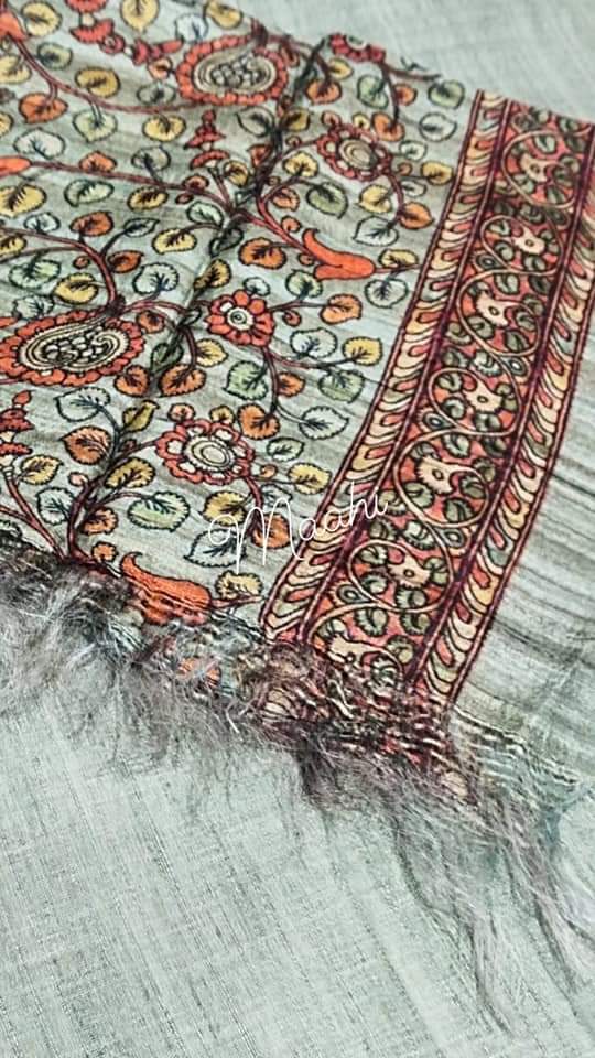 Grey Madhubani Handpaint Pure Silk Mark Certified Tussar Ghicha Silk Sarees - Dailybuyys