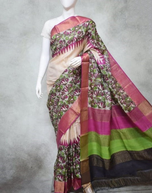 Green Beautiful Block Print Zari Border Pure Silk Mark Certified Tussar Silk Sarees - Dailybuyys