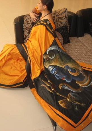 Mustard Yellow Hand Painted Pure Silk Mark Certified Bishnupuri Silk Sarees - Dailybuyys