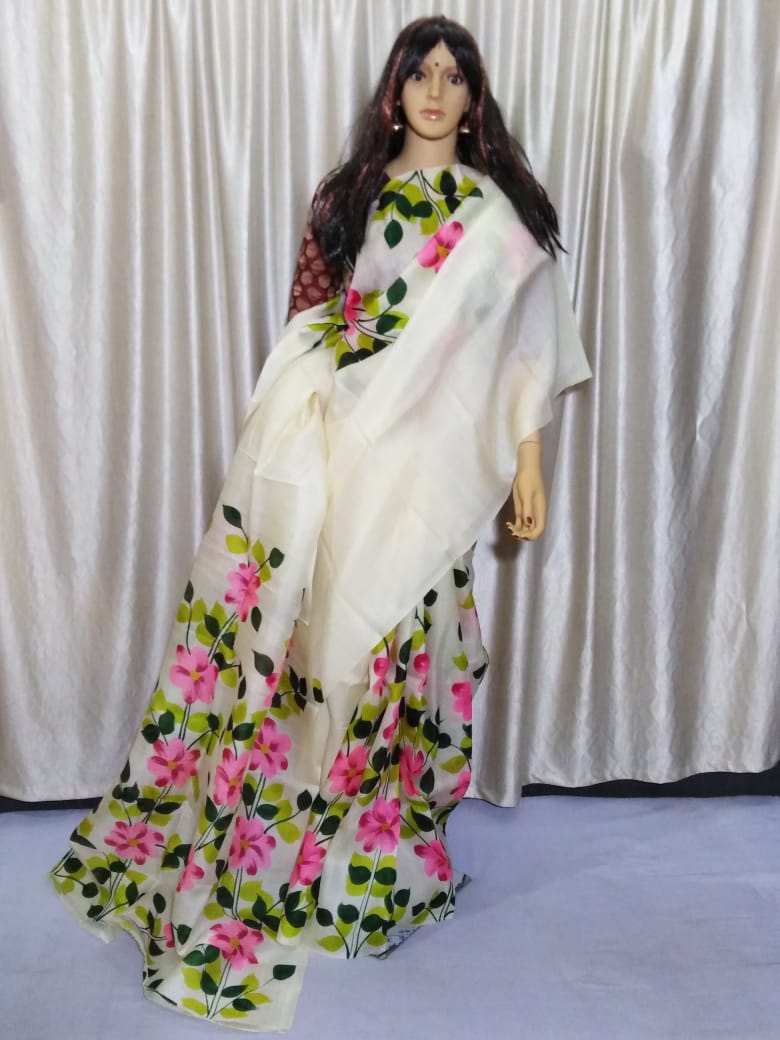 White Hand Painted Pure Silk Mark Certified Bishnupuri Silk Sarees - Dailybuyys