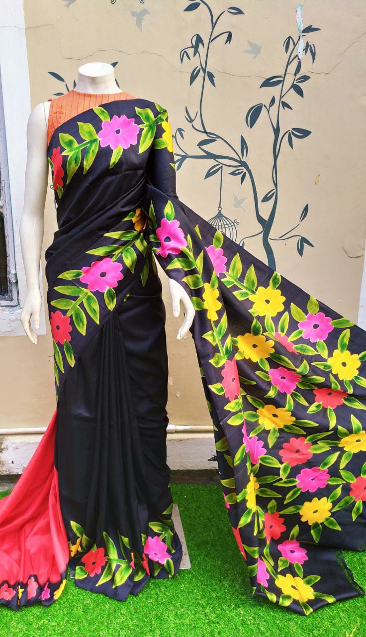 Black Hand Painted Pure Silk Mark Certified Bishnupuri Silk Sarees - Dailybuyys