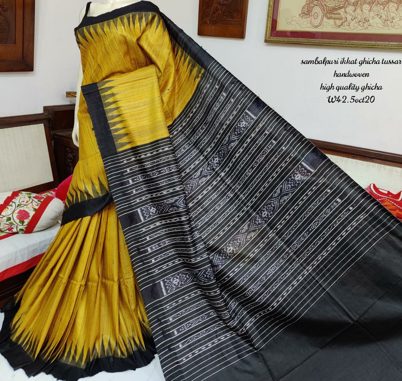 Mustard Yellow & Beige Black Sambalpuri Pure Silk Mark Certified Tussar Ghicha Silk Sarees - Dailybuyys