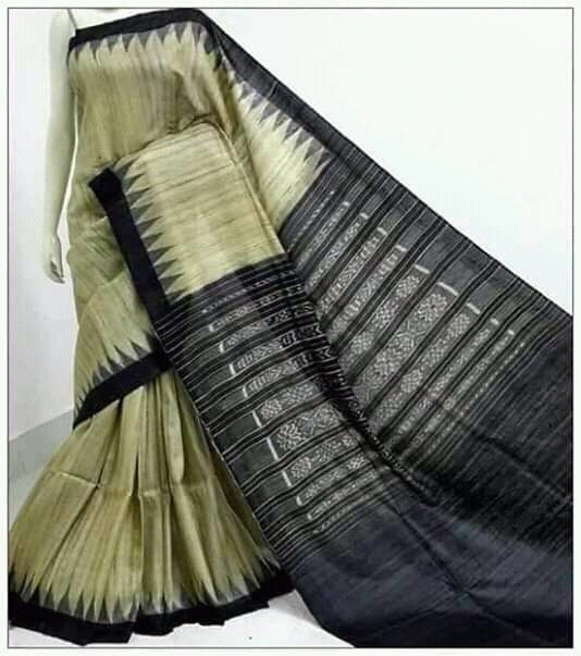Beige & Black Sambalpuri Pure Silk Mark Certified Tussar Ghicha Silk Sarees - Dailybuyys