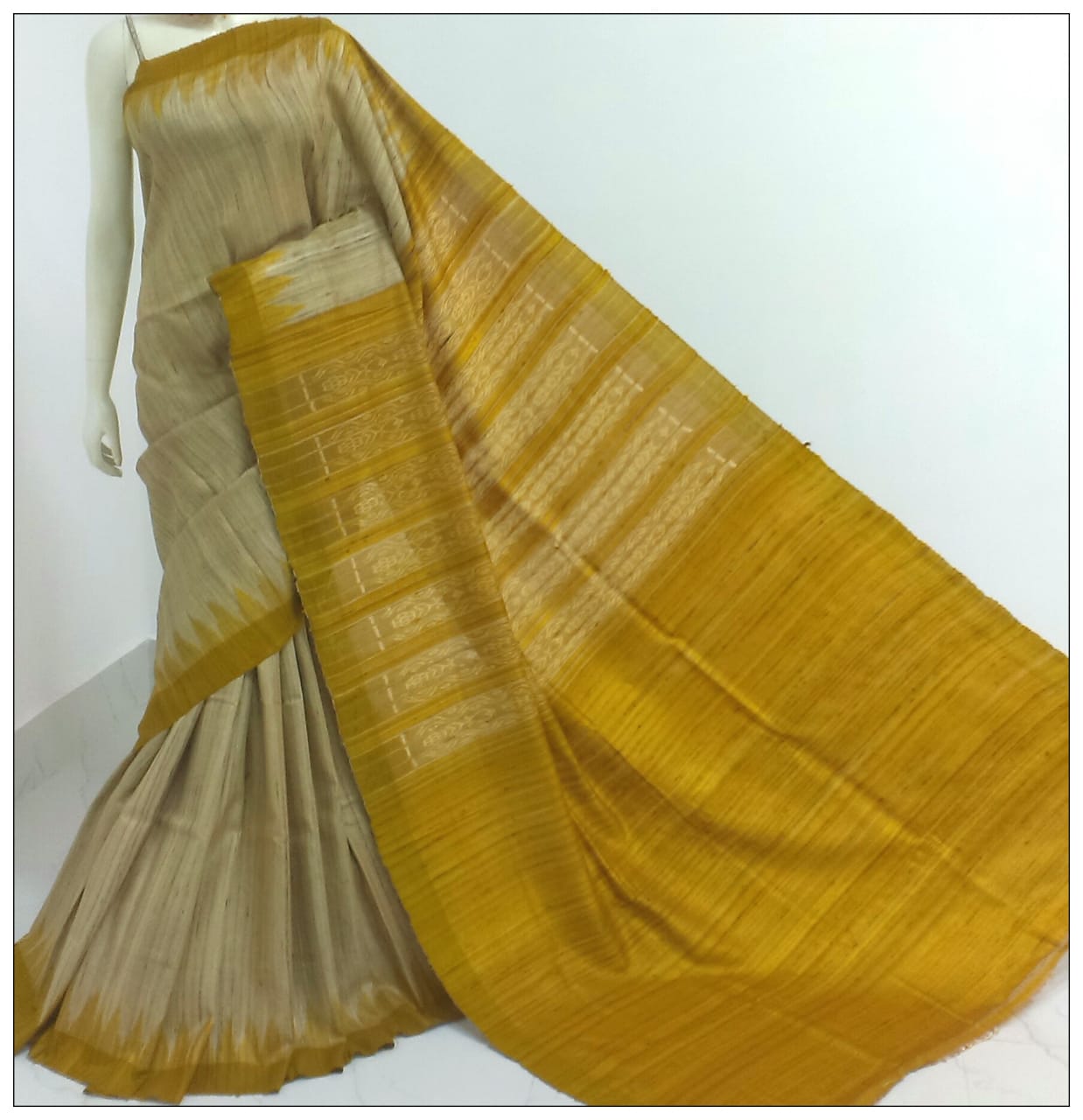 Beige Butterscotch Sambalpuri Pure Silk Mark Certified Tussar Ghicha Silk Sarees - Dailybuyys