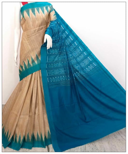 Deep Sky Blue Beige Sambalpuri Pure Silk Mark Certified Tussar Ghicha Silk Sarees - Dailybuyys