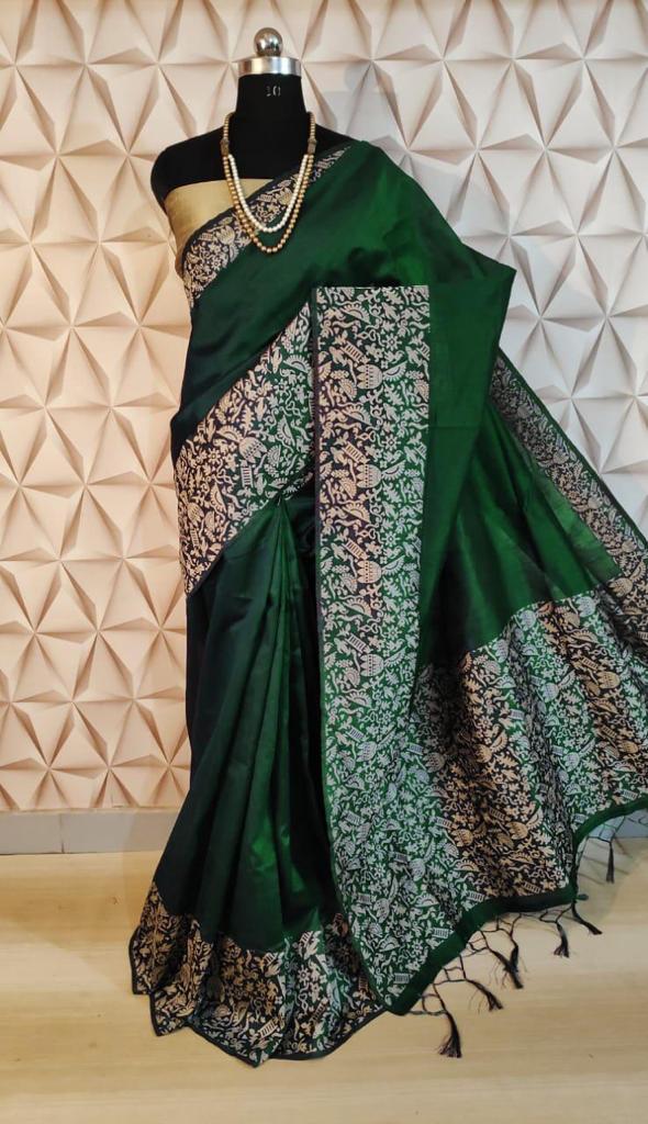 Beige Green & White Work Border Pure Pure Silk Mark Certified Tussar Ghicha Silk Saree - Dailybuyys