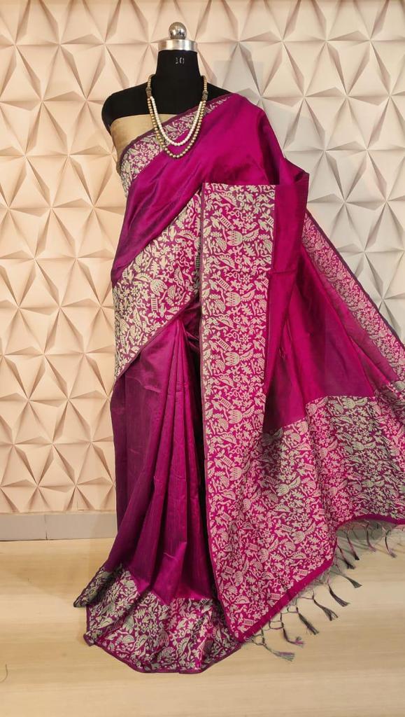 Magenta & White Work Border Pure Pure Silk Mark Certified Tussar Ghicha Silk Saree - Dailybuyys