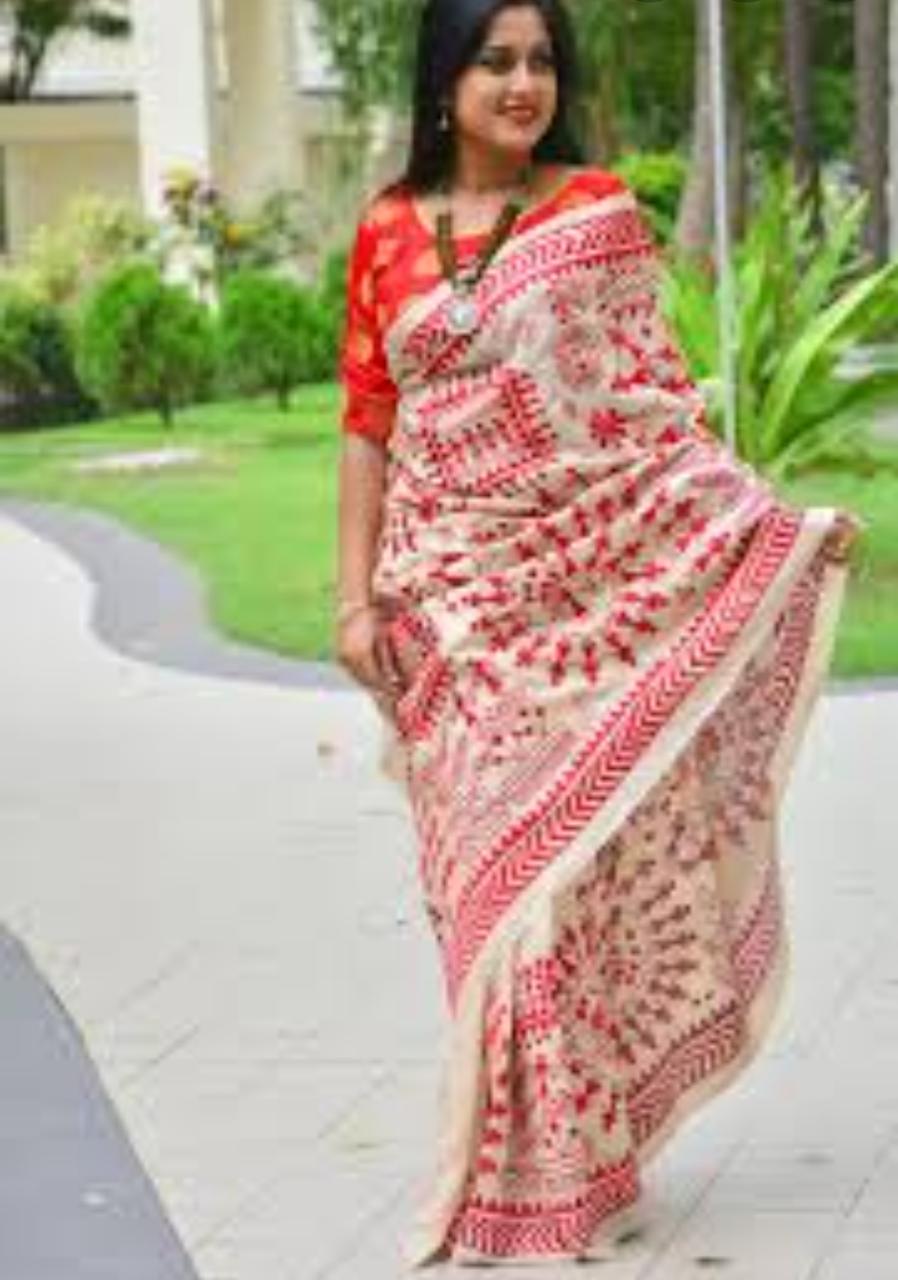 Beige Red & White Block Printed Pure Silk Mark Certified Bishnupuri Silk Sarees - Dailybuyys