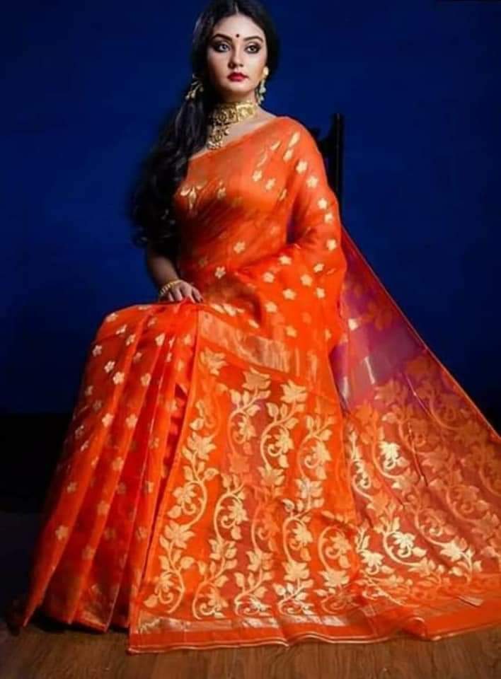 Orange Matka Silk Mark Certified Muslin Jamdani Sarees - Dailybuyys