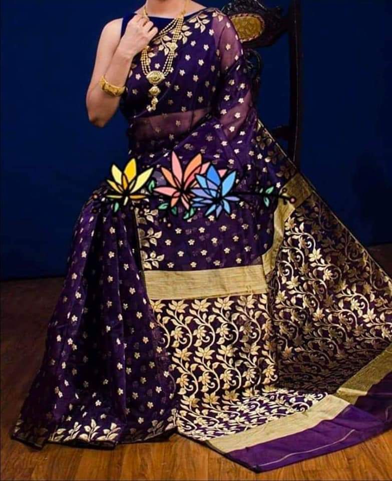 Violet Matka Silk Mark Certified Muslin Jamdani Sarees - Dailybuyys