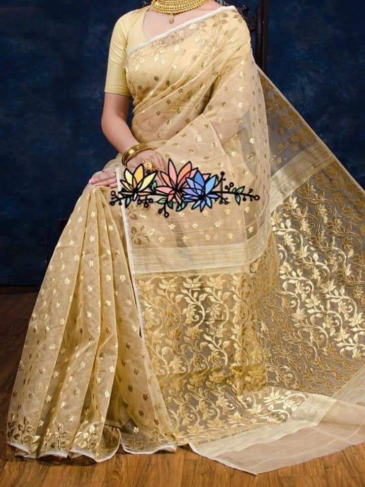 Off White Matka Silk Mark Certified Muslin Jamdani Sarees - Dailybuyys