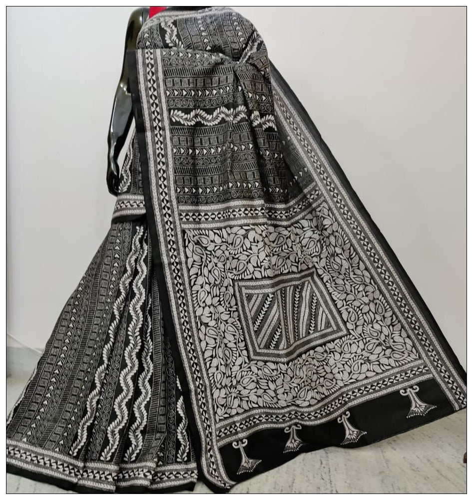 Pure Black & White Hand Embroidery Kantha Stitch Saree on Pure Bangalore Silk - Dailybuyys