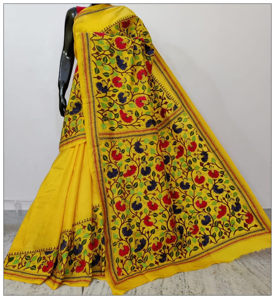 Pure Yellow Hand Embroidery Kantha Stitch Saree on Pure Bangalore Silk - Dailybuyys