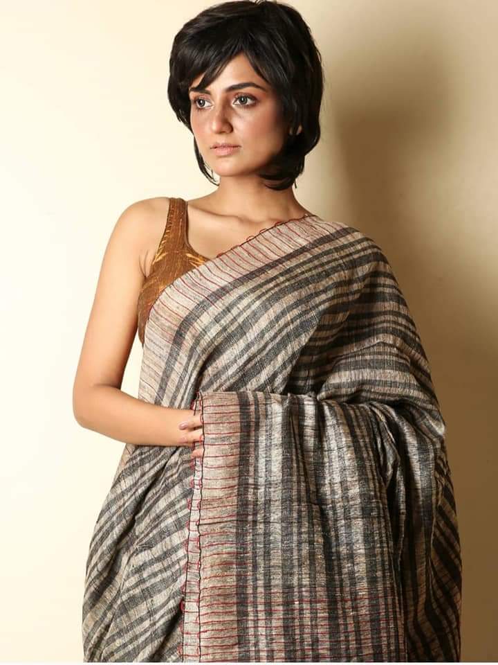 Beige Grey Pure Cotton Handloom Ketia Designer Saree - Dailybuyys