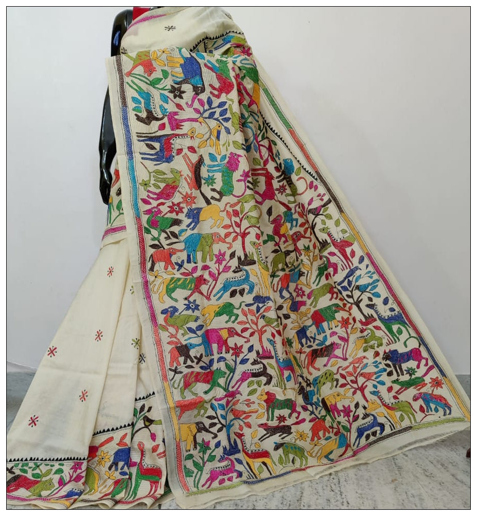 White & Multicolour Hand Embroidery Kantha Stitch Saree on Pure Bangalore Silk - Dailybuyys
